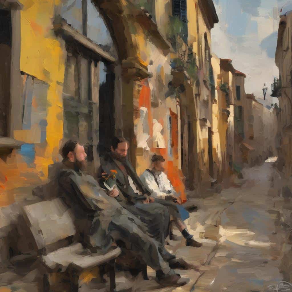 Χαρακτηριστική εικόνα παραδοσιακού δρόμου με ανθρώπους καθισμένους σε παγκάκι, ζωγραφική με έμφαση στη τέχνη και τα υλικά.