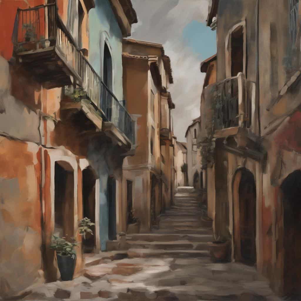 Καλλιτεχνική απεικόνιση παραδοσιακής γειτονιάς, υλικά και τέχνη από το παρελθόν στο σύγχρονο.