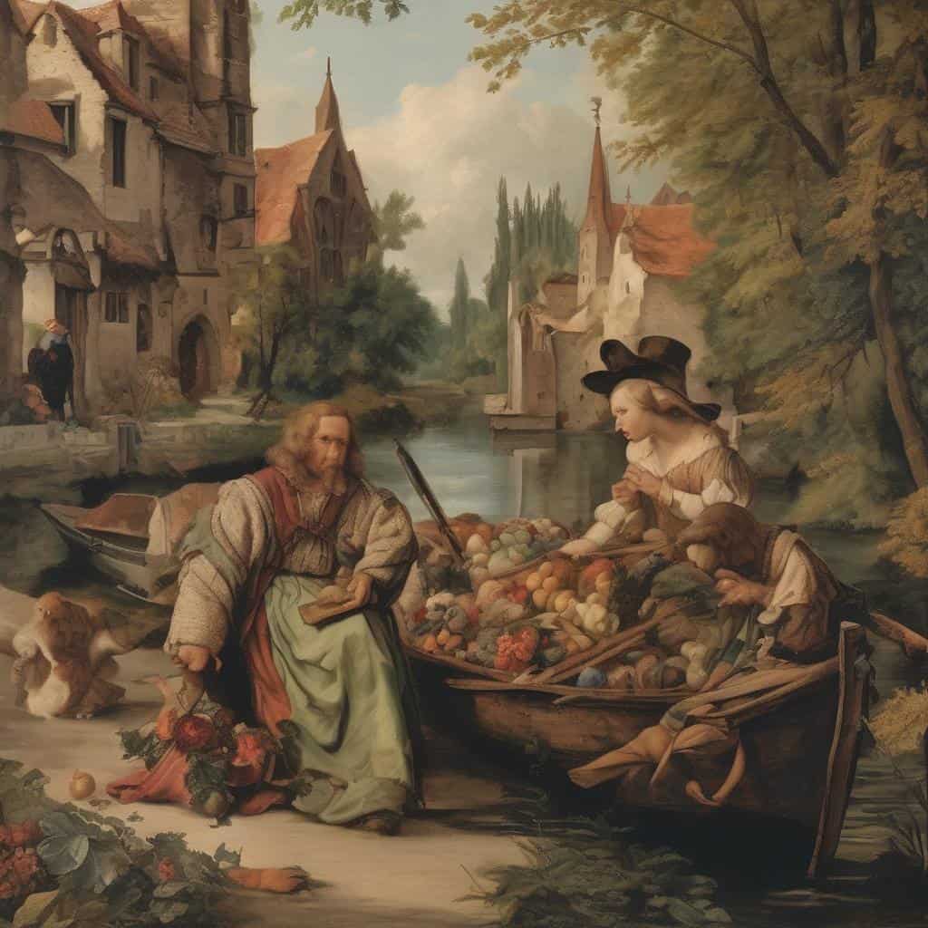 Παράδοση τέχνης και υλικών σε πίνακα με σκηνή αγοράς από το 17ο αιώνα. Αναμείξτε παραδοσιακά και σύγχρονα στοιχεία στην τέχνη.