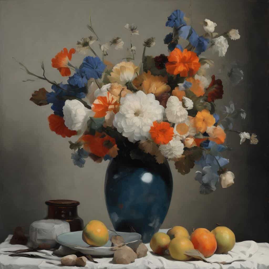 ζωγραφική ανθοστήλη σε βάζο με φρούτα σε παραδοσιακό και σύγχρονο στυλ, τέχνη και υλικά.